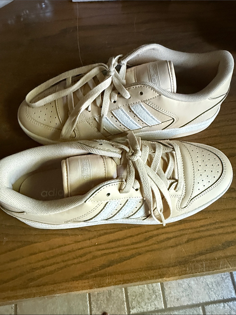 adidas woman’s Beige Low-Top Sneakers with White Stripes